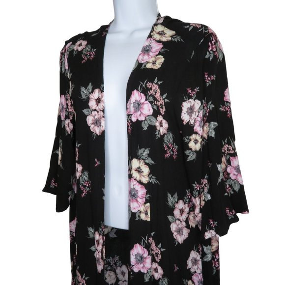 TORRID Womens Mid Length Floral Black Kimono Small Cover Up Open Front Duster - Picture 3 of 9